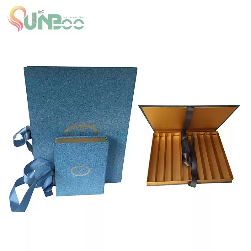 Caixa de chocolate cor azul bonito com fita agradável-sp-box053