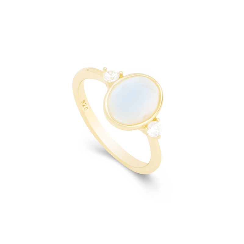 Blue Moonstone anel prata esterlina com zircons 18k ouro amarelo banhado a ouro