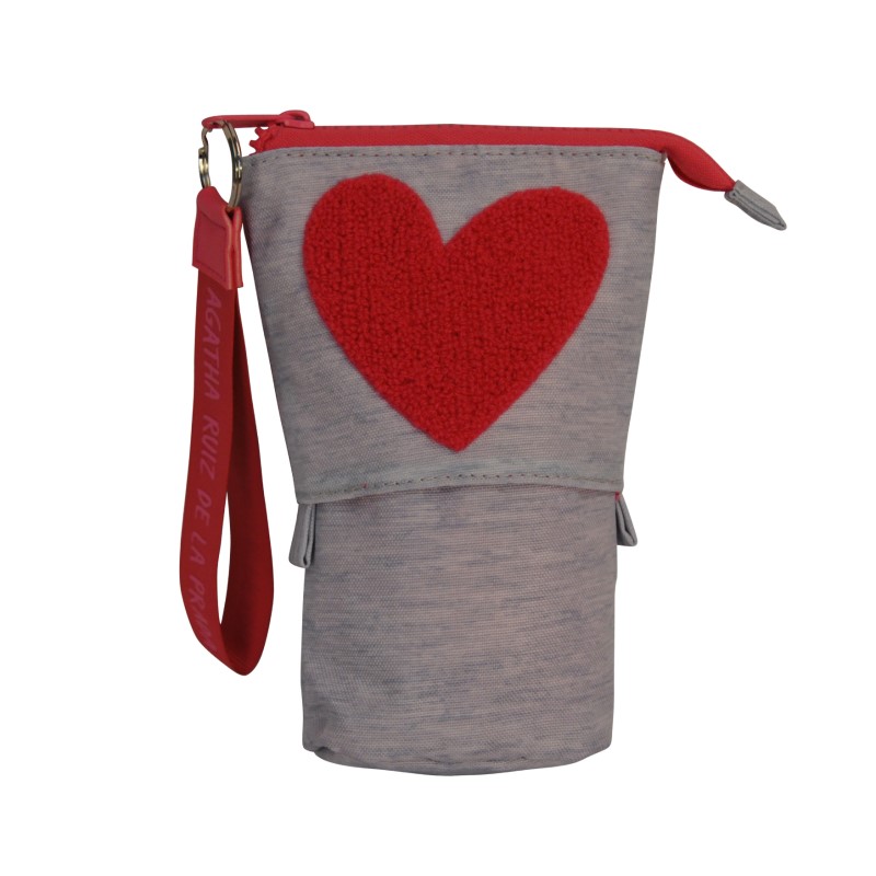 Saco de lápis de papelaria desmontável OEM com um bordado em forma de coração e uma alça de mão