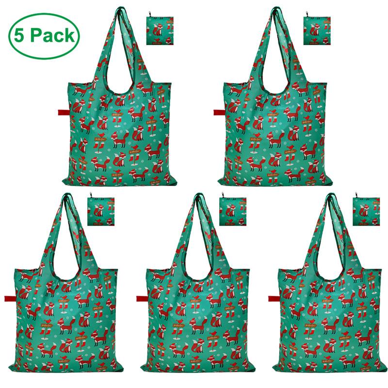 Sacos de compras dobráveis reutilizáveis eco-amigáveis com bolsa de zip 5 pacotes