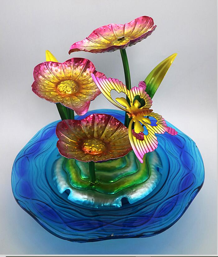 Fonte de água de vidro com flor de metal, decoração de mesa interna, suprimentos de jardim