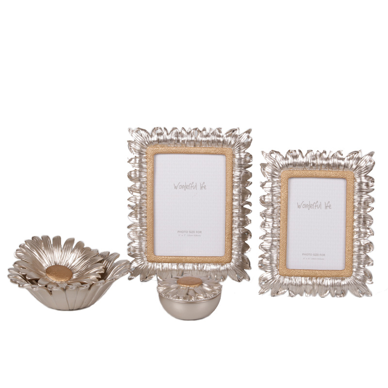 Resina Girassol Photo Frame com caixa de jóias e bandeja para decoração de casa