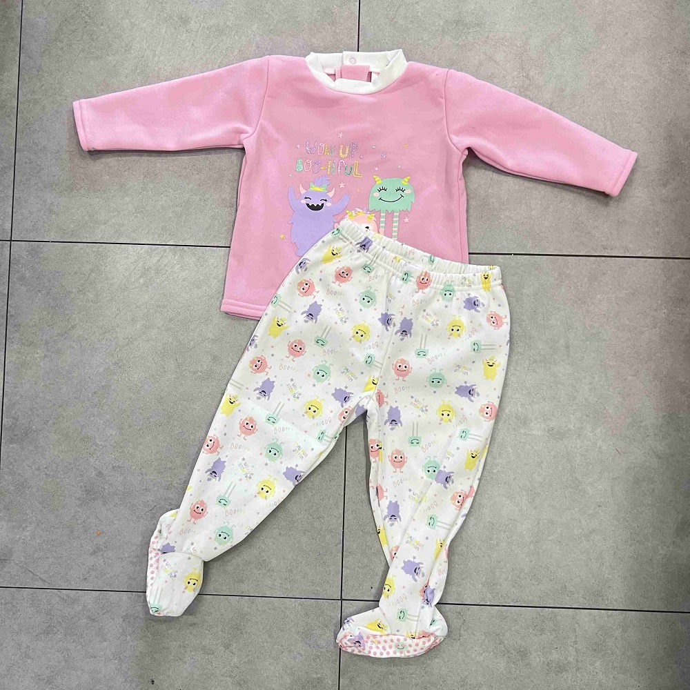 Pijamas de bebê prontos para uso, sola antiderrapante, manga comprida, pijama de duas peças, plástico com estampa prateada