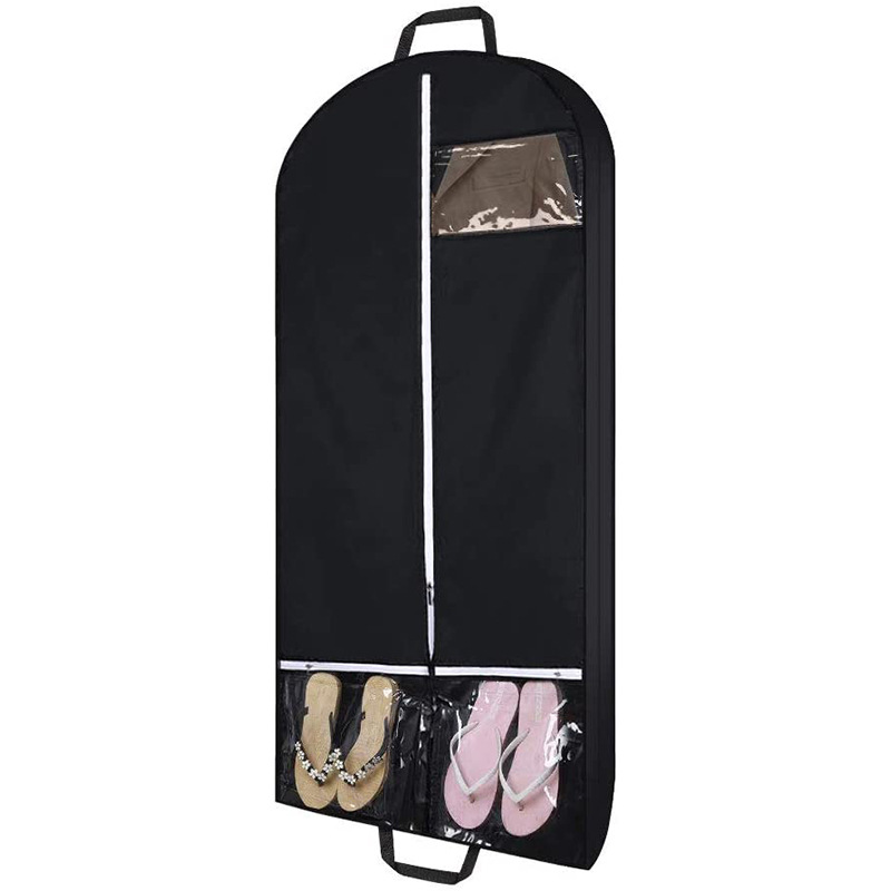 Saco de roupas de poliéster preto à prova de poeira, vários bolsos transparentes, saco de armazenamento de roupas com circunferência lateral, capa de terno