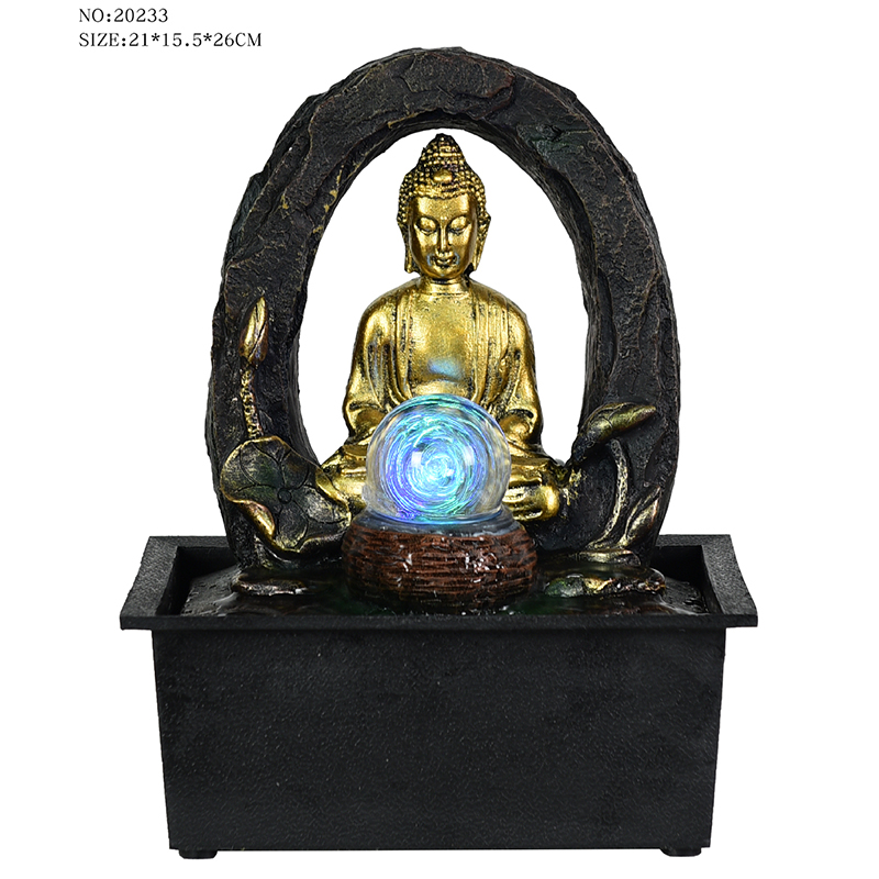 Fonte de água religiosa de Buda de mesa de resina muito agradável com bola de vidro para decoração interna