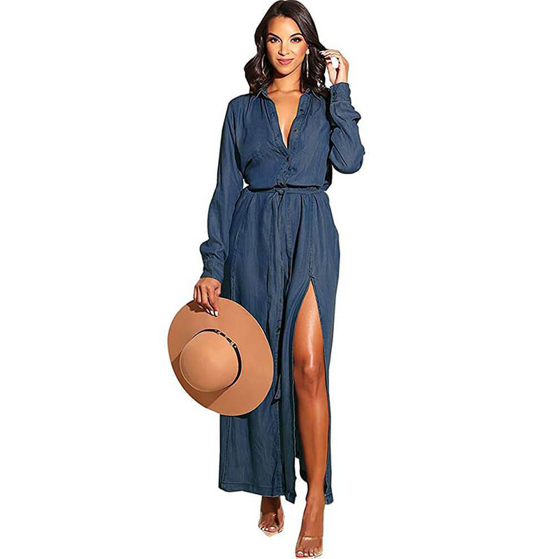 V pescoço manga longa denim maxi vestido com cinto